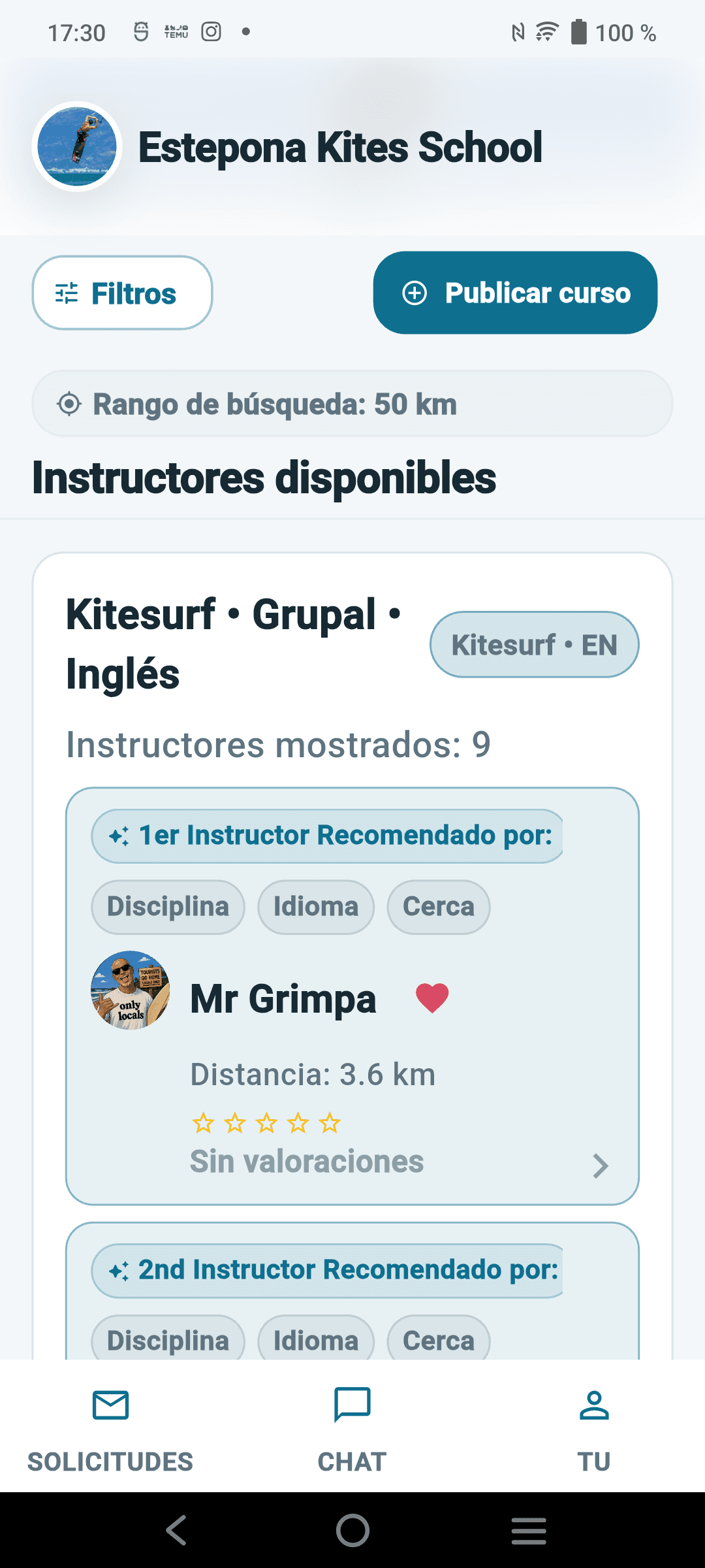 Pantalla de escuela con listado de instructores