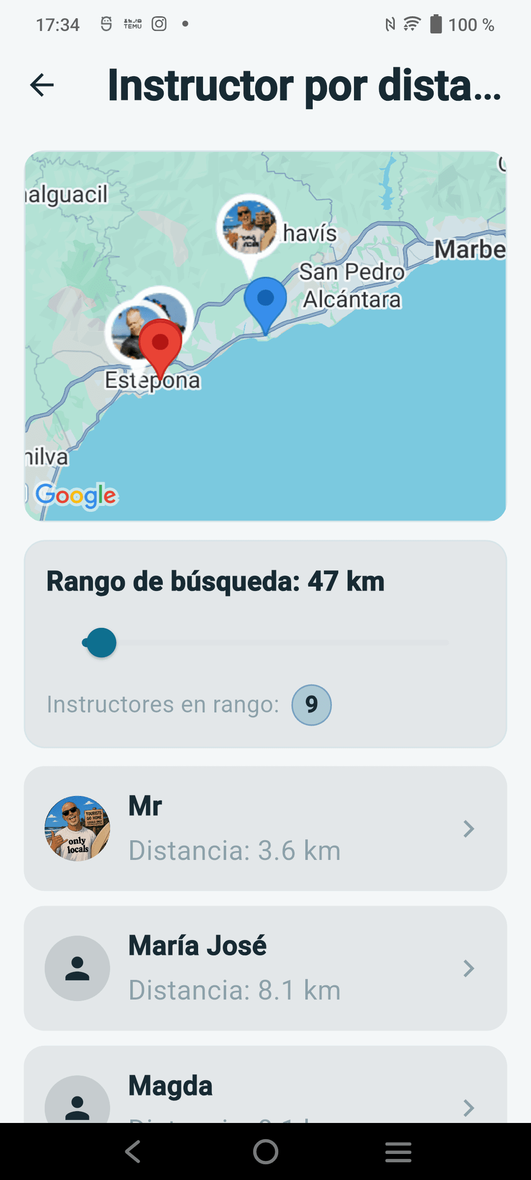 Pantalla para explorar instructores por distancia