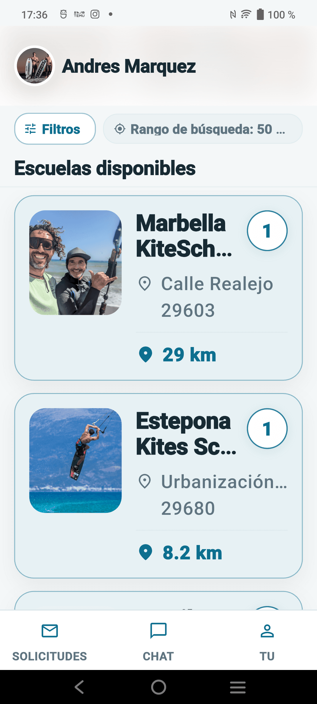 Pantalla de instructor con listado de escuelas o solicitudes